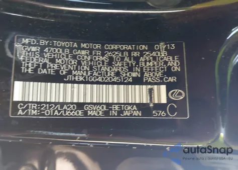 2013 Lexus Es 350 350 from USA, damaged, VIN JTHBK1GG4D2045124